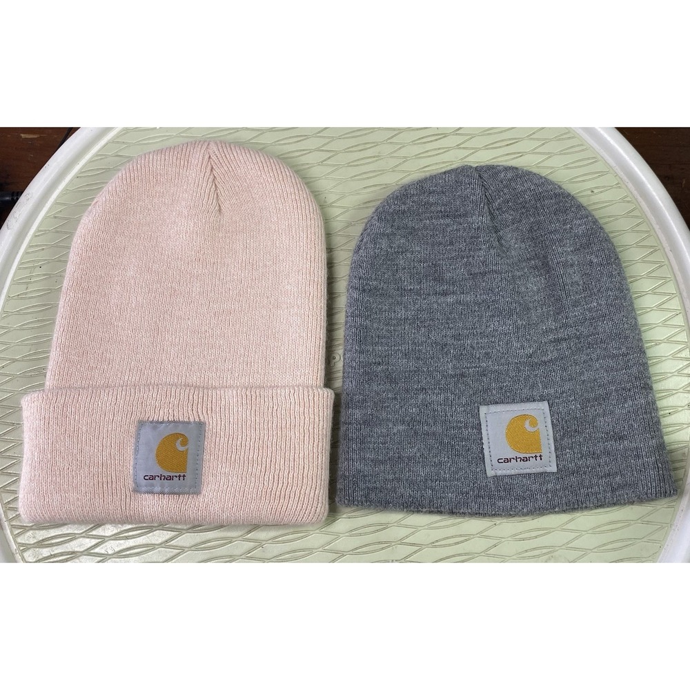Carhartt Women Pink Knit Beanie Winter Hat *AND* Men Gray Beanie Hat Logo Patch